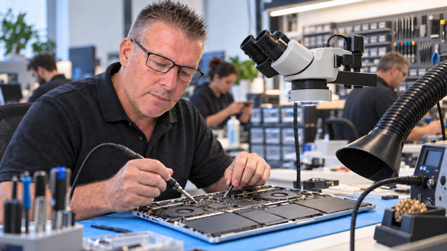 Reparatiewerk aan elektronica bij de werkbank